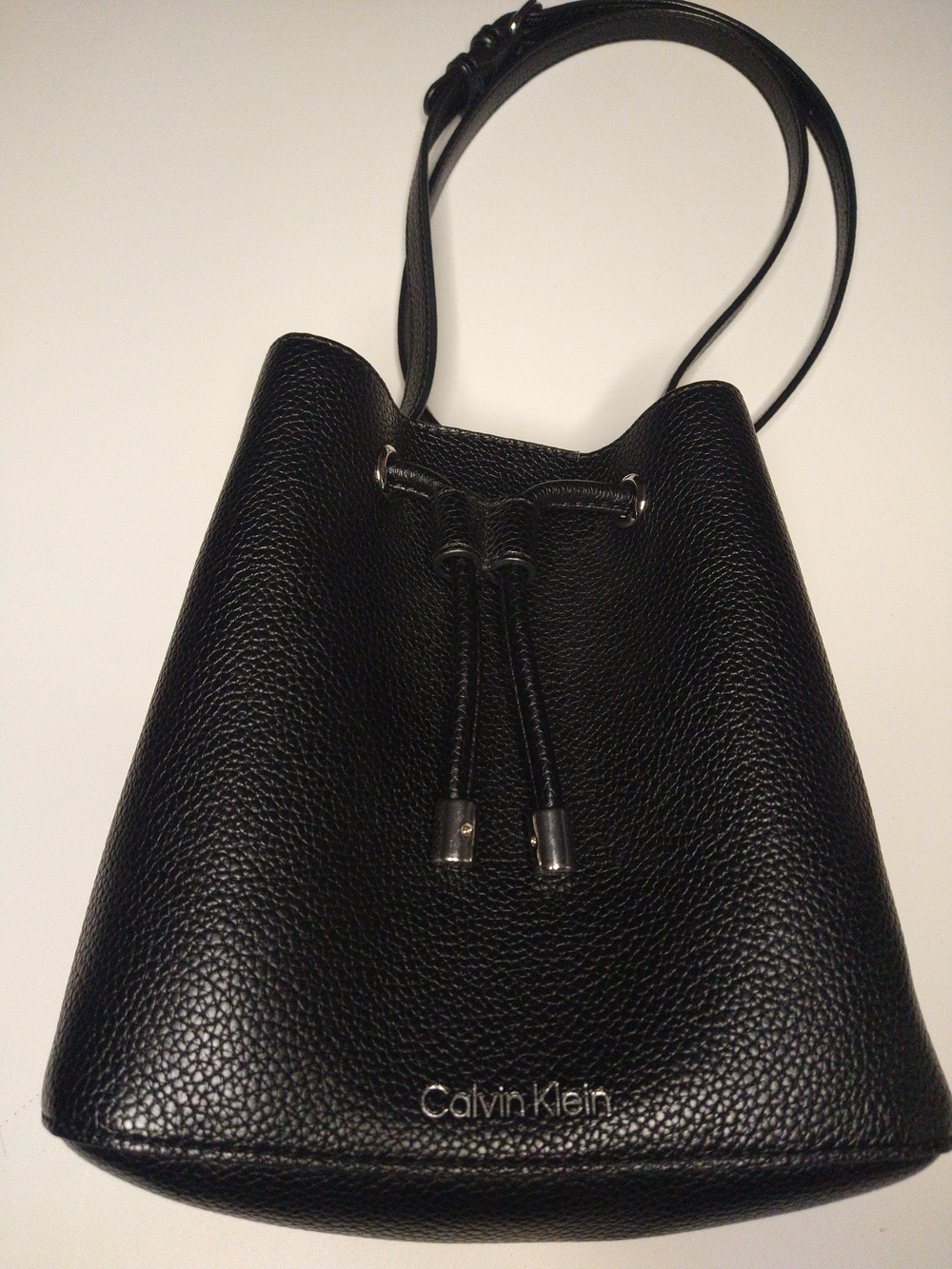 Calvin Klein Black Pebbled Leather Drawstring Shoulder Bucket Bag